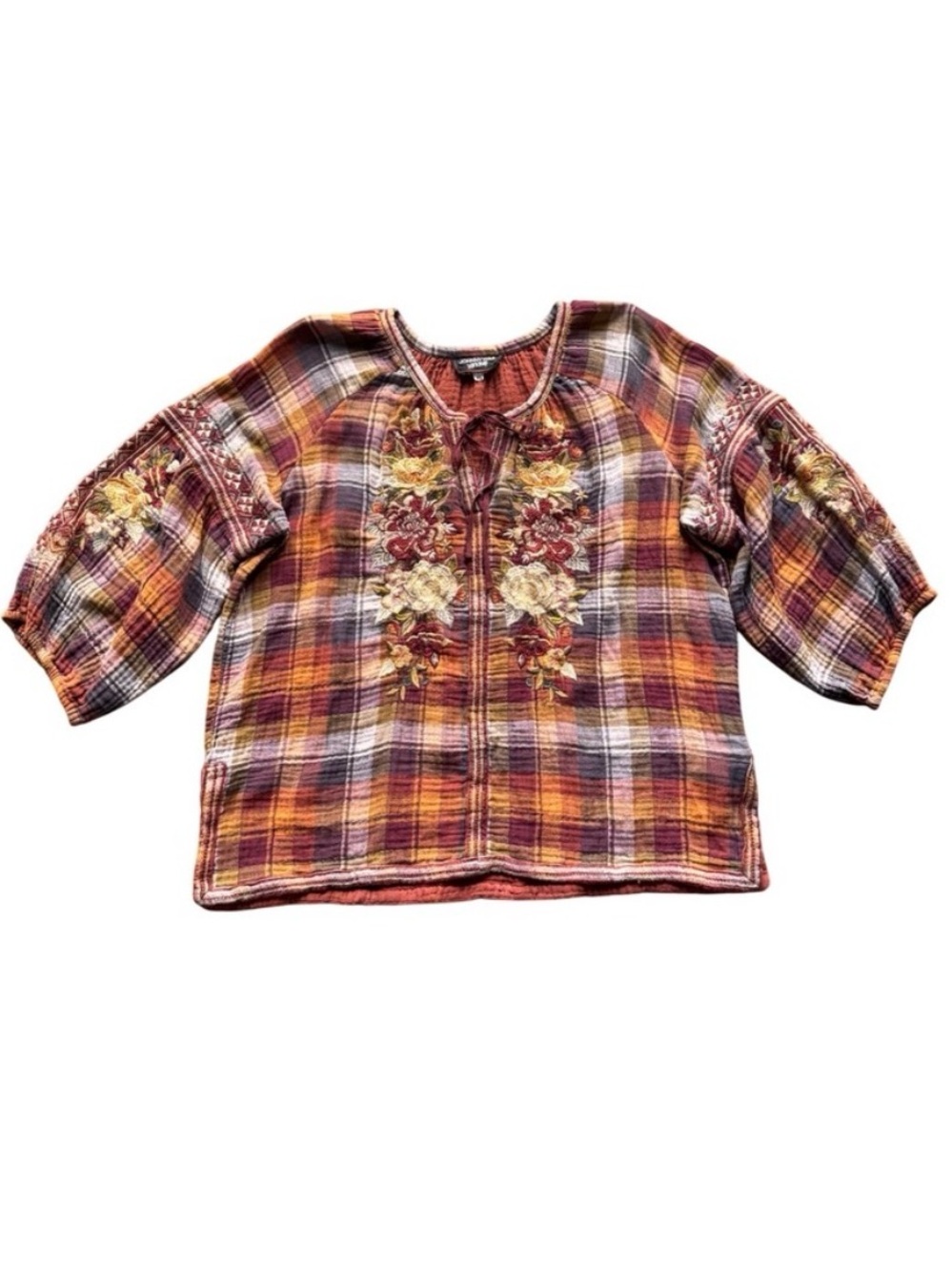 Johnny Was Workshop XL Embroidered Plaid Gauze Blouse Fall Boho Peasant Top